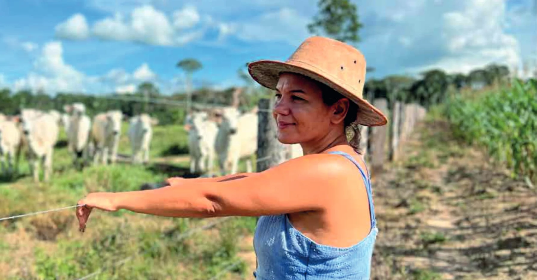 Cliente do Banco do Povo no pasto, com o rebanho ao fundo, em Ji-Paraná